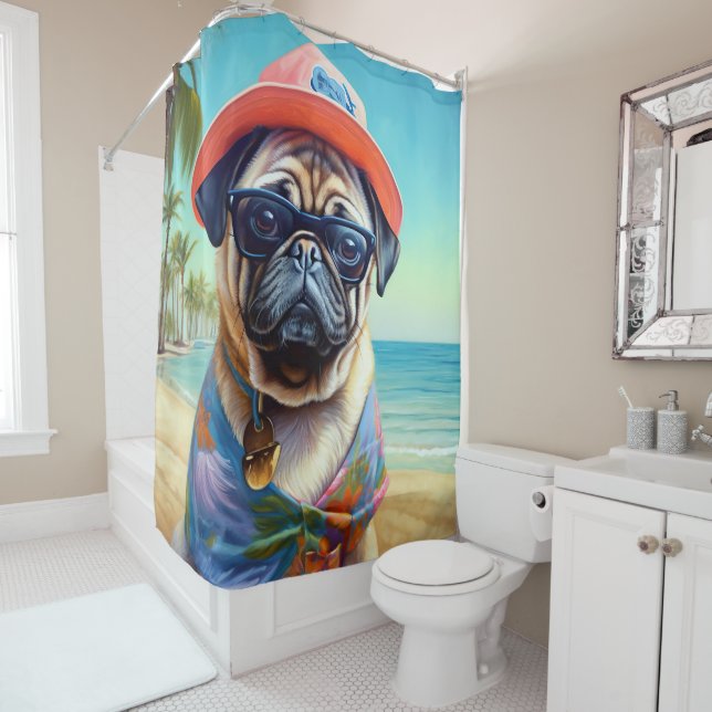 Pug on Beach, summer gift for dog lover  Shower Curtain (In Situ)