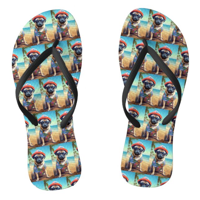 Pug on Beach, summer gift for dog lover  Thongs (Footbed)