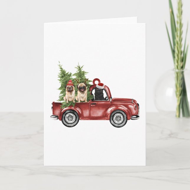 Pug On Car Christmas Ornament Funny Christmas Tree Card (Front)