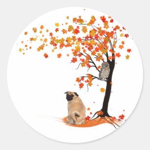 Pug Owl And Fall Tree Pug Owner Funny Pug Autumn Classic Round Sticker