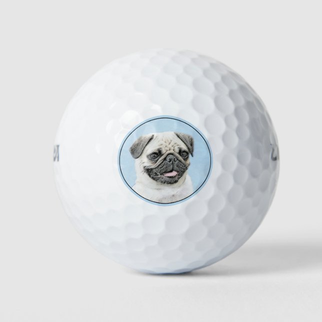 Pug Painting - Cute Original Dog Art Golf Balls (Front)