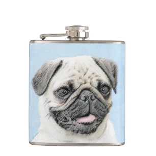 Pug Painting - Cute Original Dog Art Hip Flask