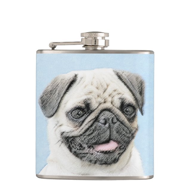 Pug Painting - Cute Original Dog Art Hip Flask (Front)