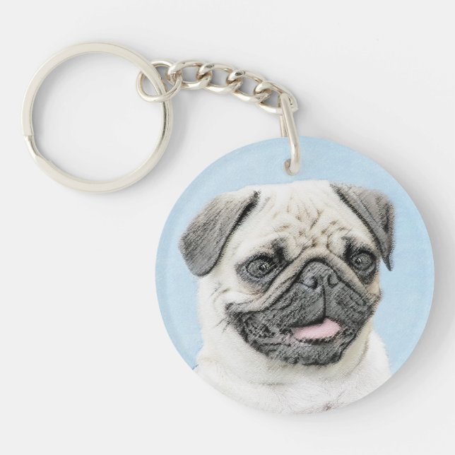 Pug Painting - Cute Original Dog Art Key Ring (Front)