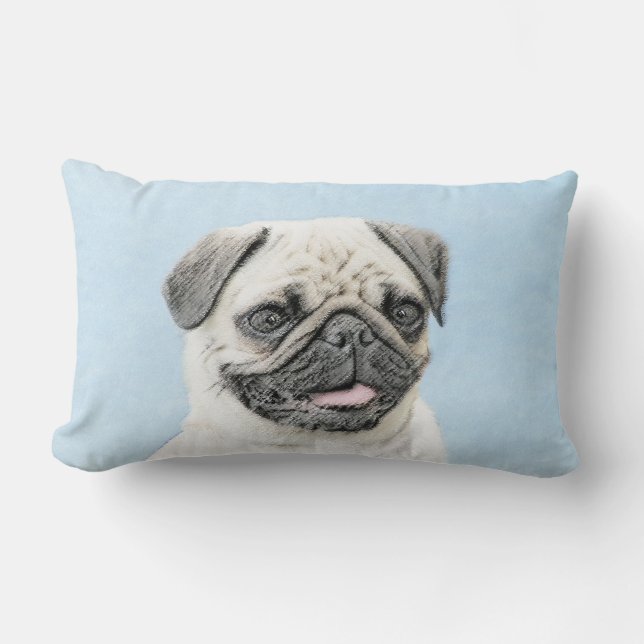 Pug Painting - Cute Original Dog Art Lumbar Cushion (Front)