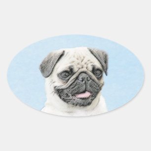 Pug Painting - Cute Original Dog Art Oval Sticker