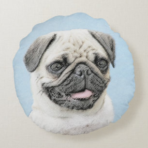 Pug Painting - Cute Original Dog Art Round Cushion