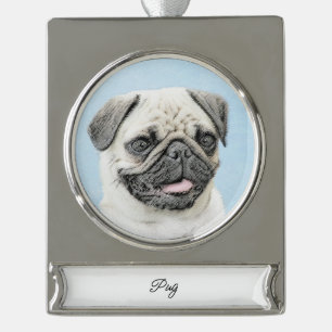 Pug Painting - Cute Original Dog Art Silver Plated Banner Ornament
