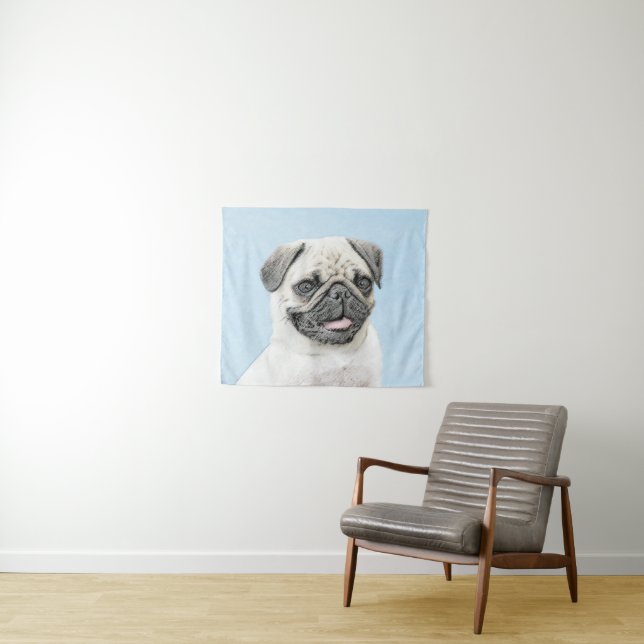 Pug Painting - Cute Original Dog Art Tapestry (In Situ (Horizontal))