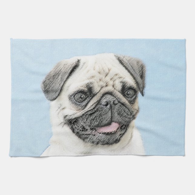 Pug Painting - Cute Original Dog Art Tea Towel (Horizontal)