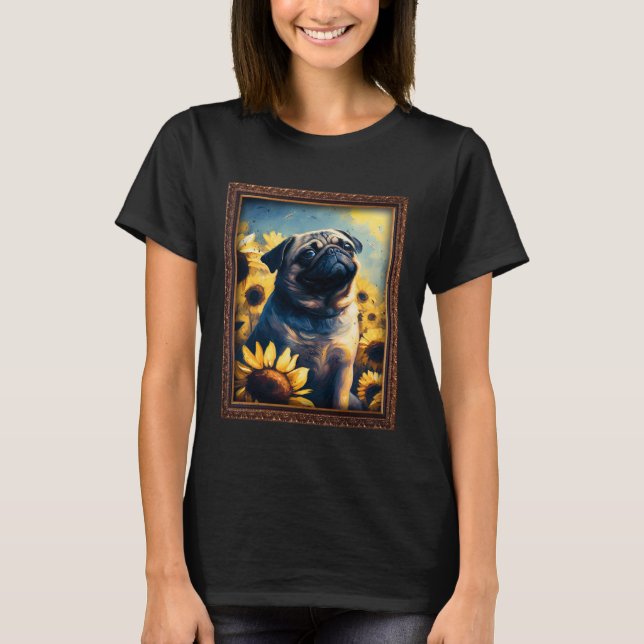 Pug Painting Sunflower Flower Mom Women Floral T-Shirt (Front)