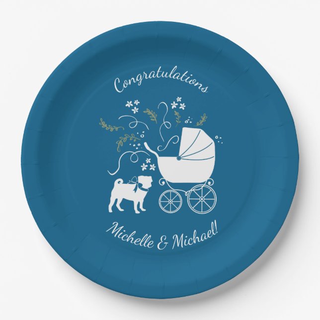 Pug Party Blue Theme Celebration Paper Plate (Front)