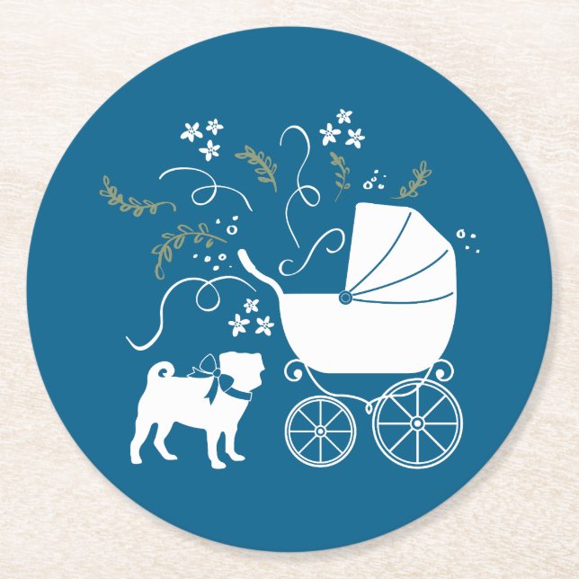 Pug Party Blue Theme Celebration Round Paper Coaster (Front)