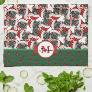 Pug Pattern Monogram Christmas Dog Tea Towel