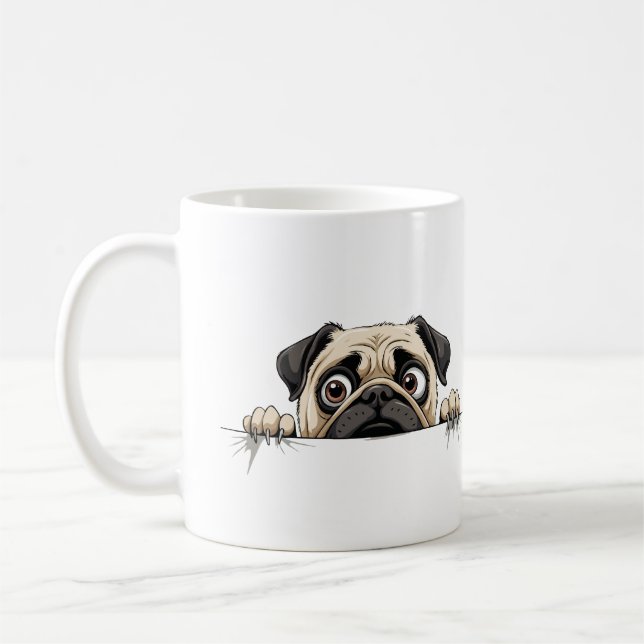 Pug Peeking Cute Adorable Funny Animal Cartoon Joy Coffee Mug (Left)