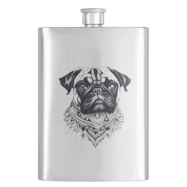 Pug Pet Animal Nature Illustration Art Tattoo Hip Flask (Front)