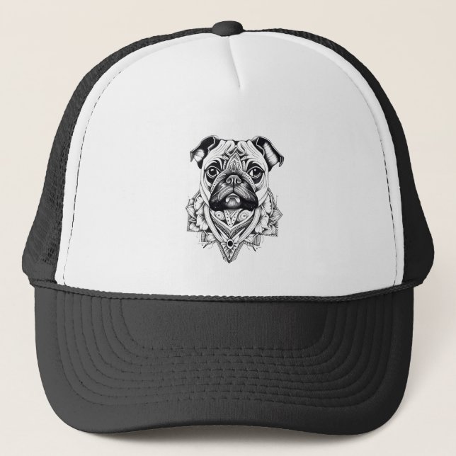 Pug Pet Animal Nature Illustration Art Tattoo Trucker Hat (Front)