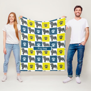 Pug Pet Dog & Paw Print Yellow Grid Silhouette Fleece Blanket