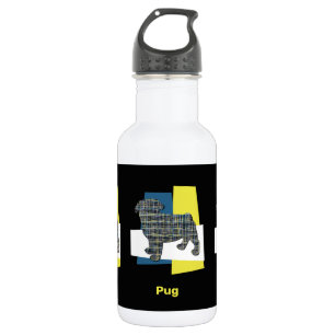 Pug Pet Dog Silhouette Yellow & Blue Grid 532 Ml Water Bottle