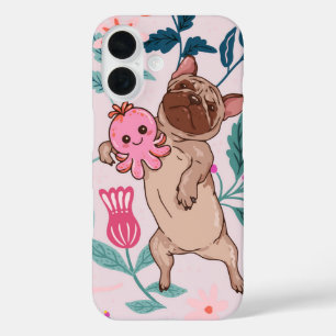Pug & Pink Octopus Playful Dog Floral iPhone 16 Case