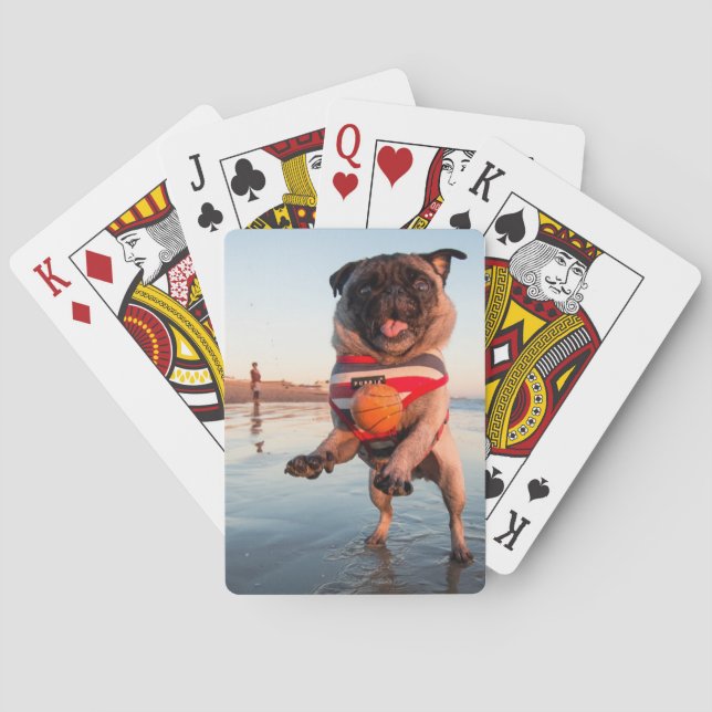 Pug Playing Ball on Beach Cards (Back)