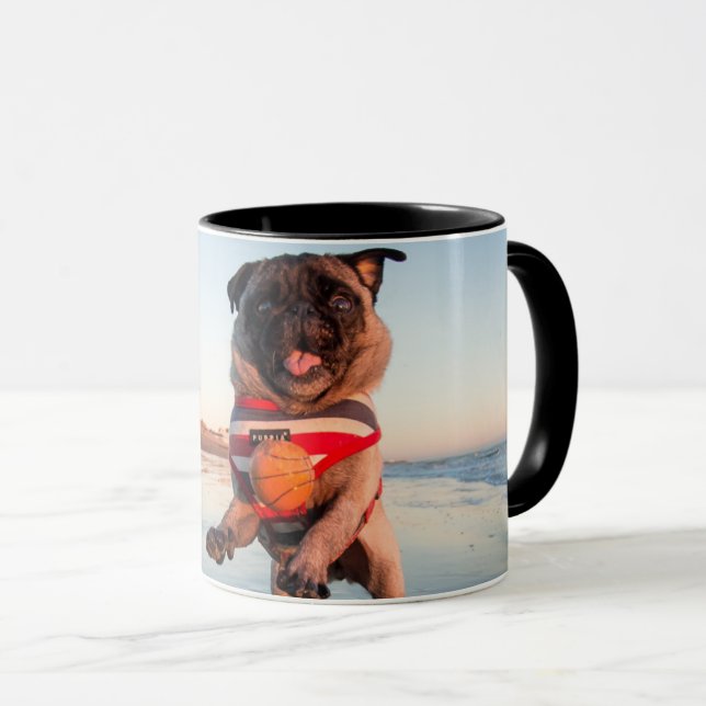 Pug Playing Ball on Beach Mug (Front Right)