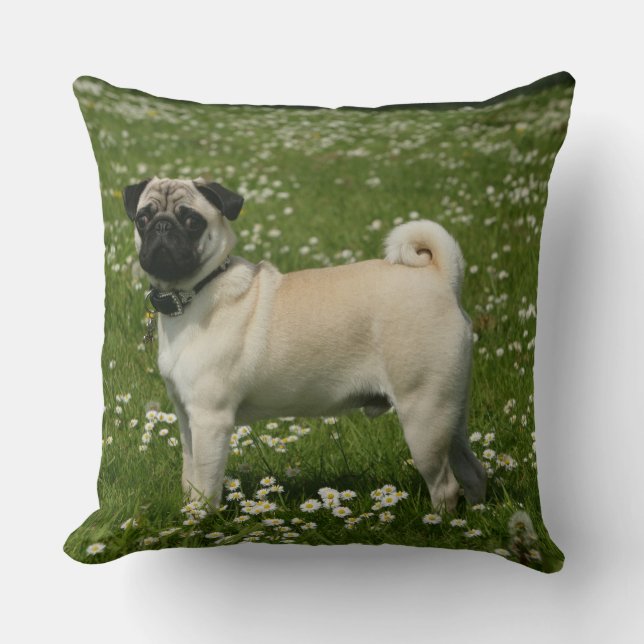 Pug Playing in Flowers Cushion (Front)