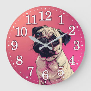 Pug Portrait Face Pink Ombre Large Clock