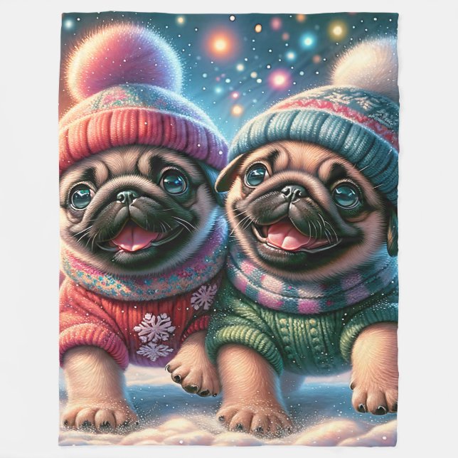 “Pug Puppies’ First Snowfall - Whimsical Winter" Fleece Blanket (Front)