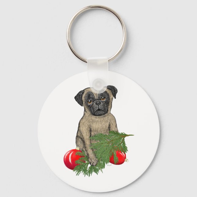 Pug Puppy Adorable Christmas Dog Art Key Ring (Front)