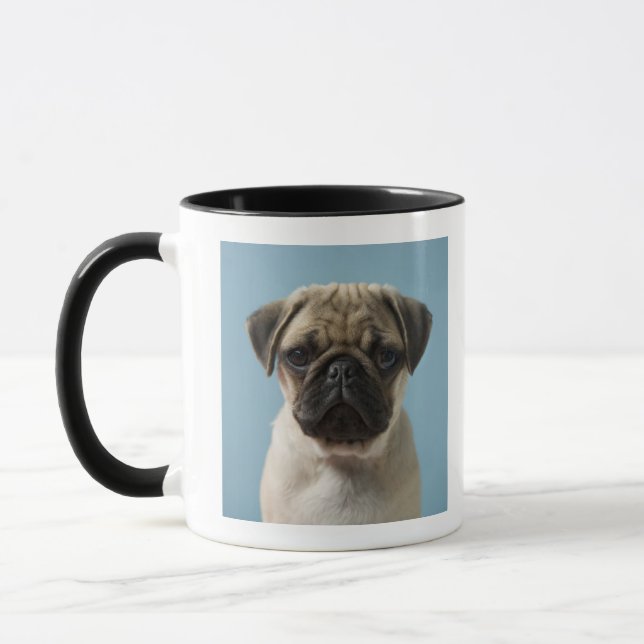 Pug Puppy Against Blue Background Mug (Left)