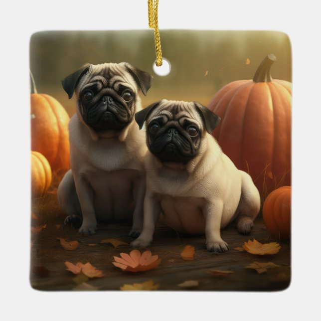 Pug Puppy Autumn Delight Pumpkin Ceramic Ornament (Front)