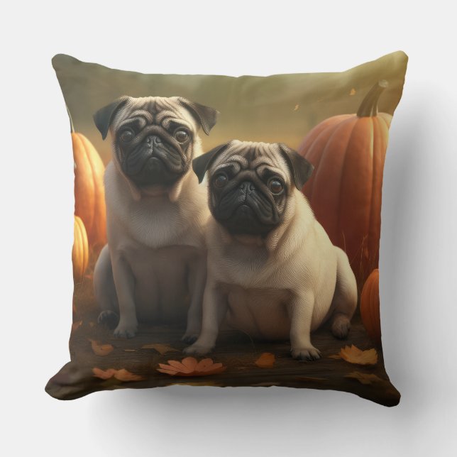 Pug Puppy Autumn Delight Pumpkin Cushion (Front)