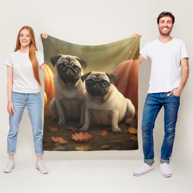 Pug Puppy Autumn Delight Pumpkin Fleece Blanket (In Situ)
