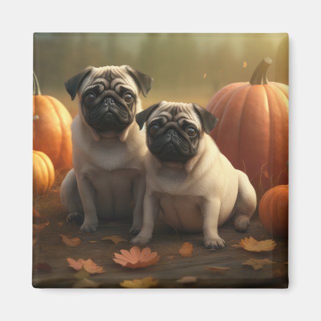Pug Puppy Autumn Delight Pumpkin Magnet (Front)