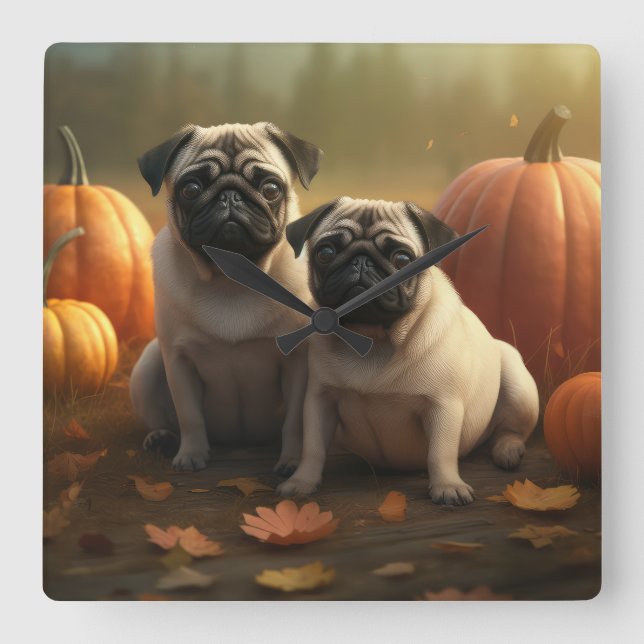 Pug Puppy Autumn Delight Pumpkin Square Wall Clock (Front)