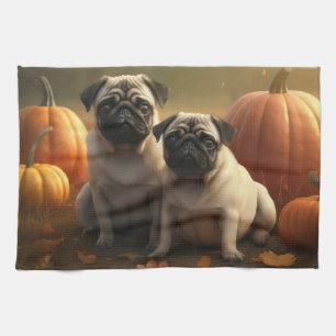 Pug Puppy Autumn Delight Pumpkin Tea Towel