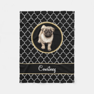 Pug Puppy Black White Quatrefoil with Name Fleece Blanket