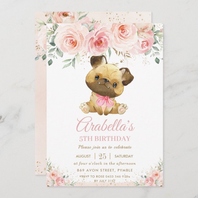 Pug Puppy Dog Blush Pink Floral Girl Birthday Invitation (Front/Back)