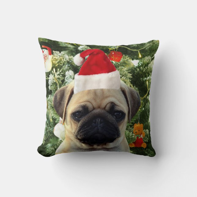 Pug Puppy Dog Christmas Tree Ornaments Snowman Cushion (Front)