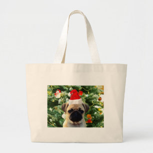 Pug Puppy Dog Christmas Tree Ornaments Snowman Large Tote Bag