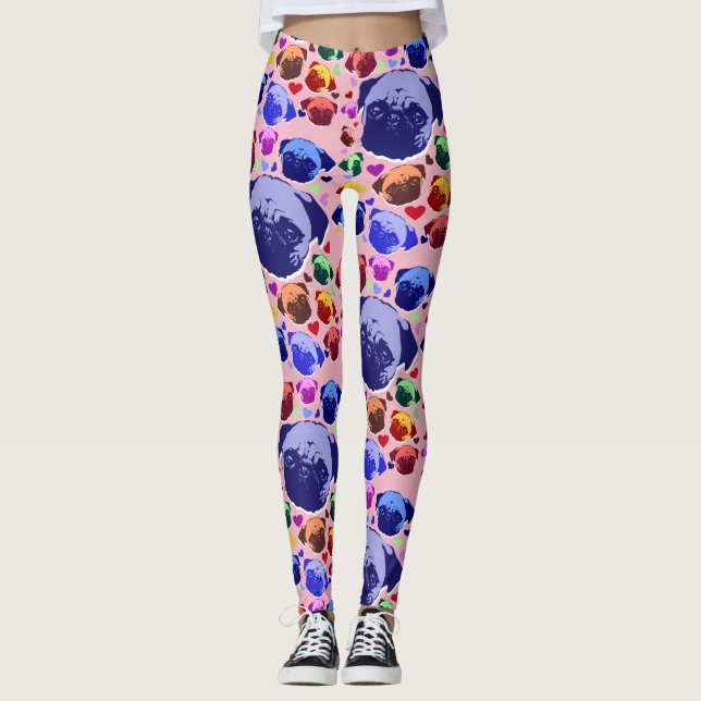 Pug Puppy Dog Love Hearts Pattern Leggings (Front)