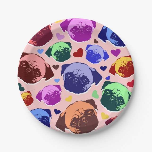 Pug Puppy Dog Love Hearts Pattern Paper Plate (Front)