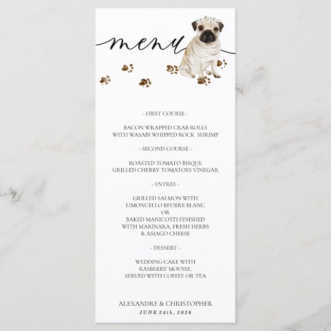 Pug puppy Dog Wedding Party Menu (Front)