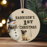 Pug Puppy Heart melting First Christmas Ceramic Ornament<br><div class="desc">A adorable watercolor pug puppy and snowman makes these custom first Christmas ornaments a heart warming keepsake gift. Easily customise to make a special gift this Christmas.</div>