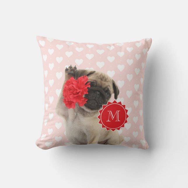 Pug Puppy holding Red Carnation Monogram Cushion (Front)