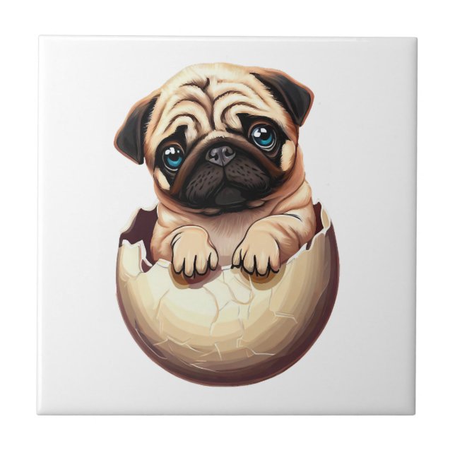 Pug Puppy in Egg - Cute Dog Design Ceramic Tile (Front)