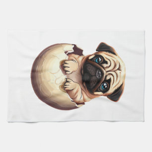 Pug Puppy in Egg - Cute Dog Design Tea Towel