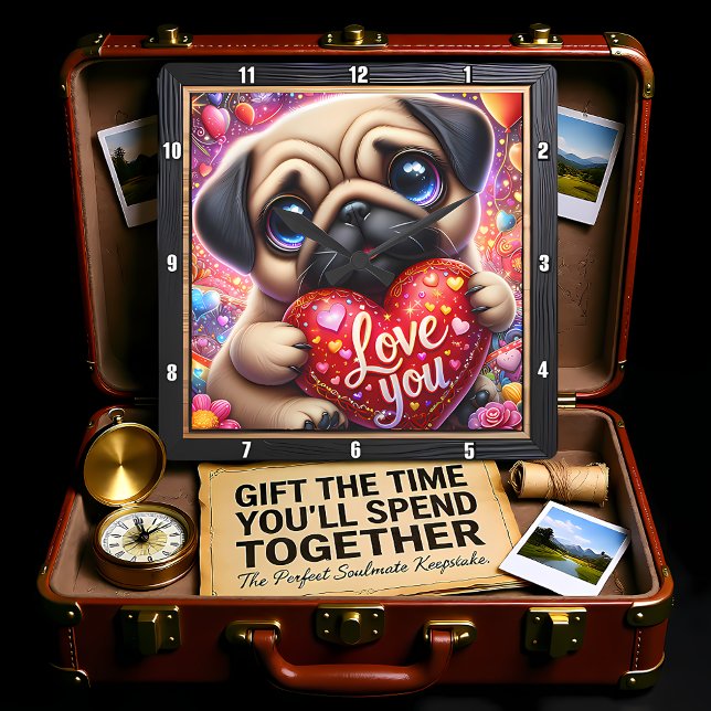 Pug Puppy Love You Heart Square Wall Clock (Creator Uploaded)
