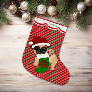 Pug Puppy Pattern Personalised Large Christmas Stocking